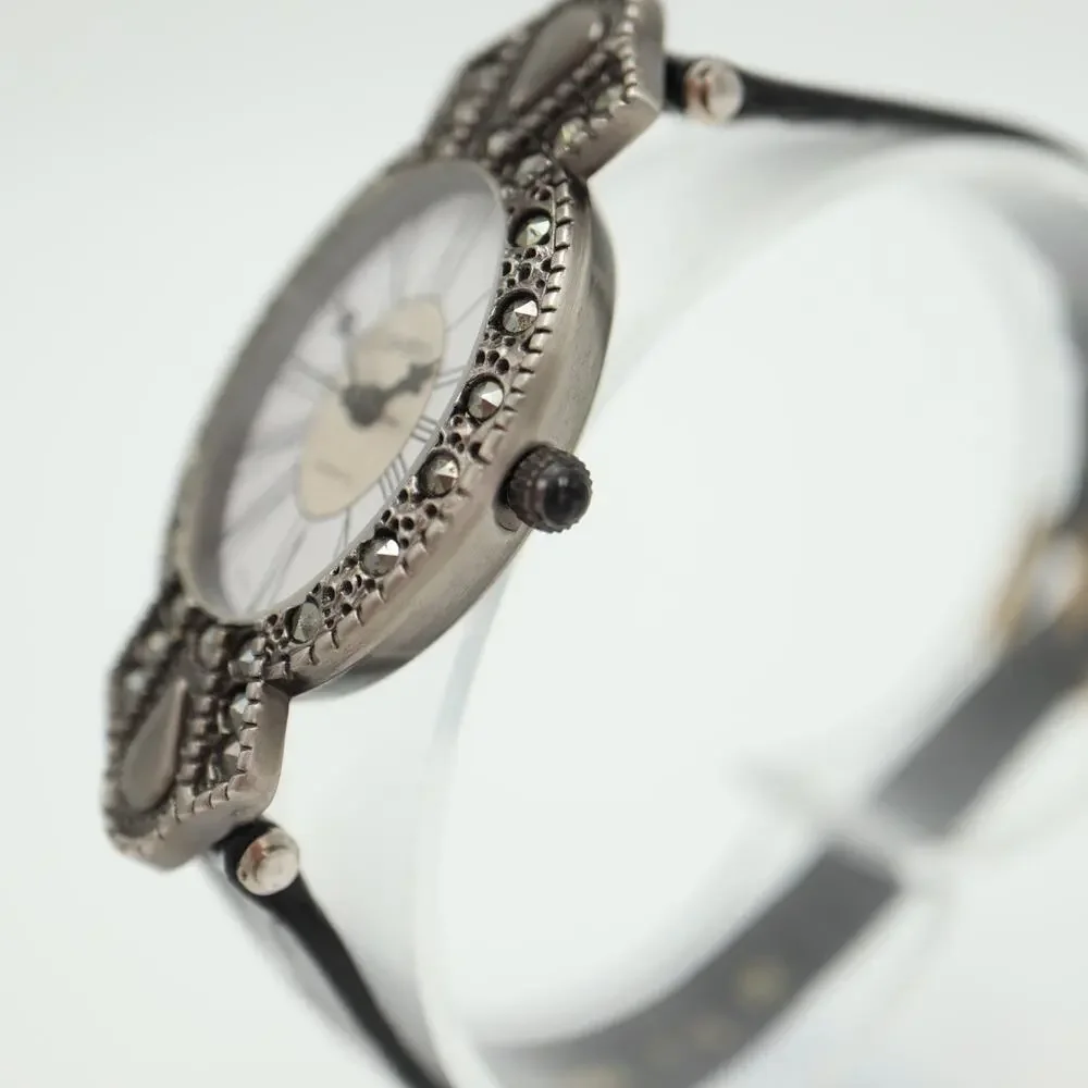 Cardini Marcasite Watch Women 24mm Silver Tone Roman Black Leather w New Battery